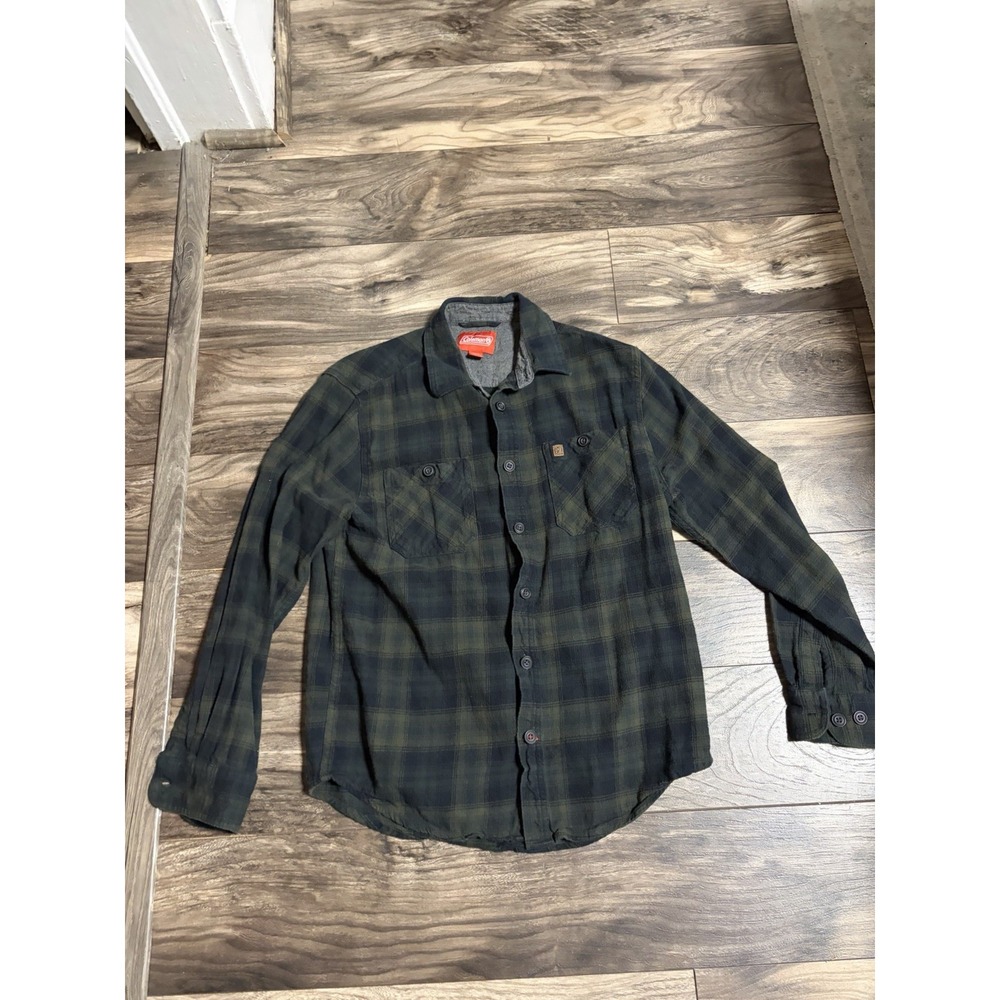 Coleman Flannel Shirt Mens M Blue Green Excellent Plaid Cotton Button Up 717